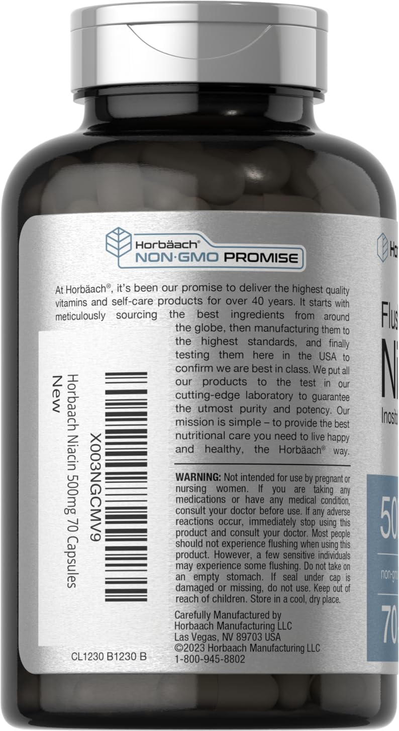 Horbäach Niacin 500mg Capsules - Flush Free Supplement with Inositol Hexanicotinate - Non-GMO and Gluten Free - 70 Count