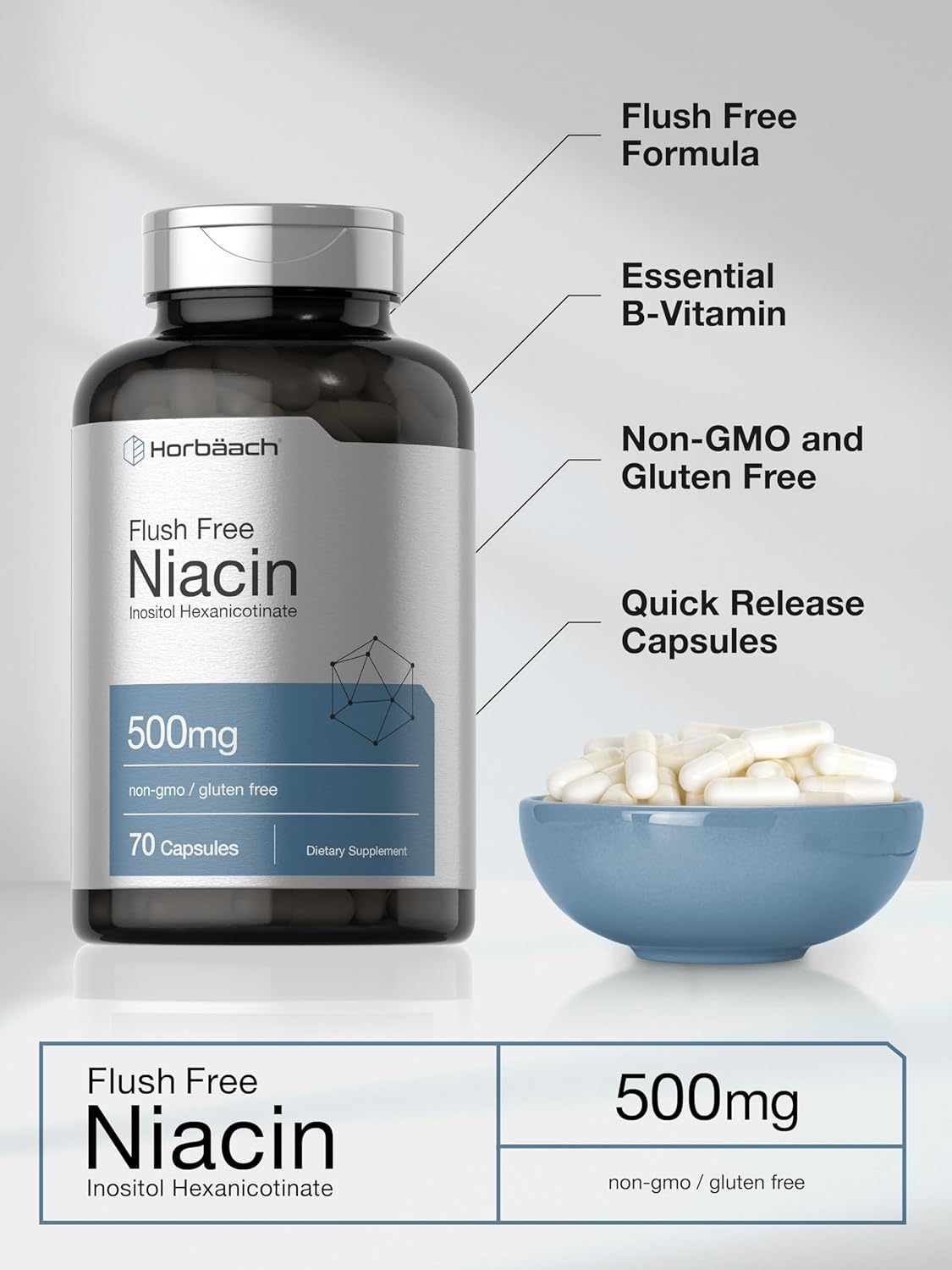 Horbäach Niacin 500mg Capsules - Flush Free Supplement with Inositol Hexanicotinate - Non-GMO and Gluten Free - 70 Count