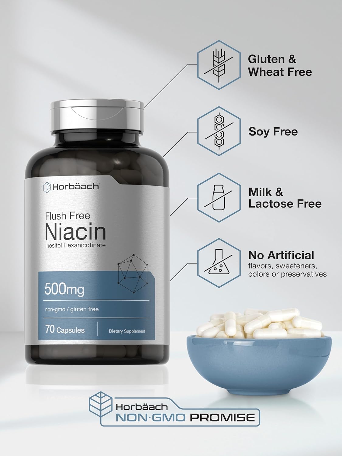 Horbäach Niacin 500mg Capsules - Flush Free Supplement with Inositol Hexanicotinate - Non-GMO and Gluten Free - 70 Count