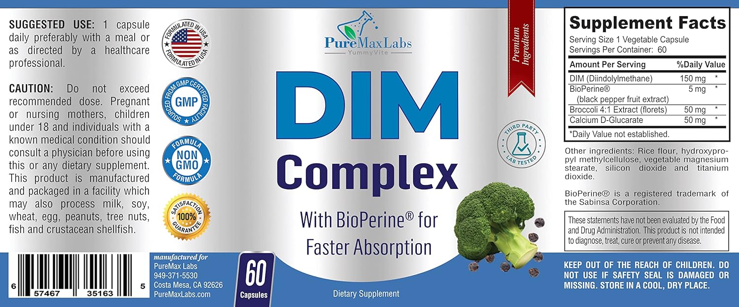 Hormone Balance Supplement with 150mg DIM, Broccoli, Calcium D-Glucarate, and Bioperine - 60 Capsules for Men & Women, Estrogen, Menopause Support