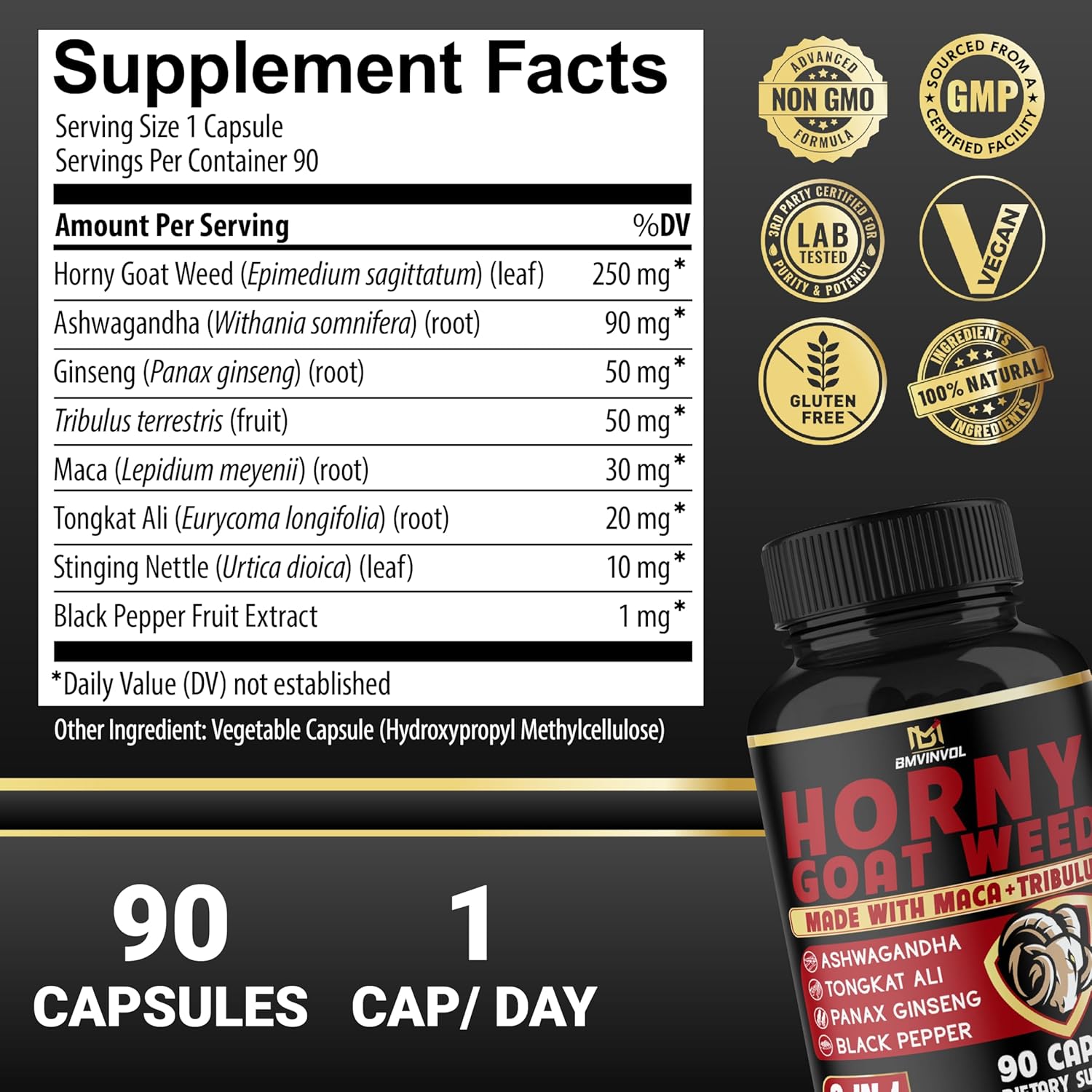 Horny Goat Weed Capsules with Maca, Ginseng, Tribulus Terrestris, Ashwagandha, Black Pepper - 90 Count, 3 Month Supply