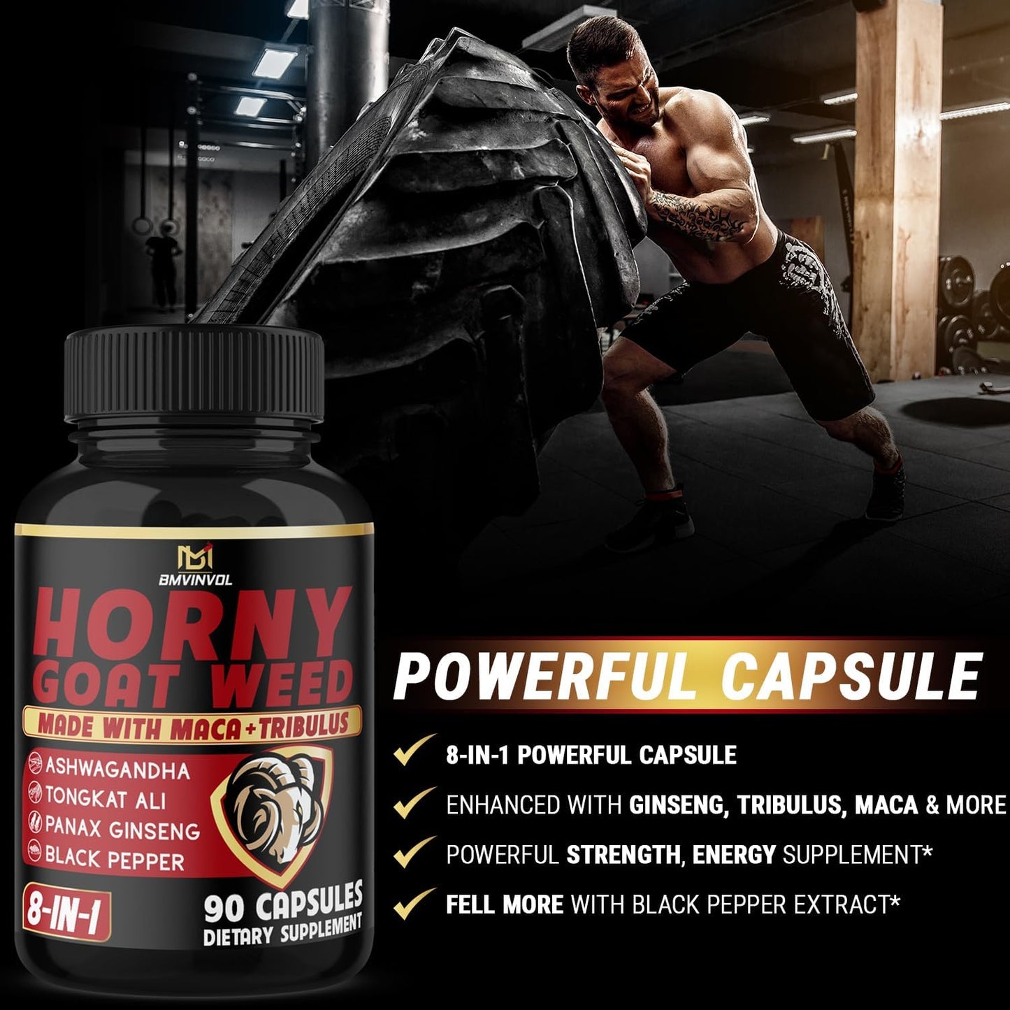 Horny Goat Weed Capsules with Maca, Ginseng, Tribulus Terrestris, Ashwagandha, Black Pepper - 90 Count, 3 Month Supply