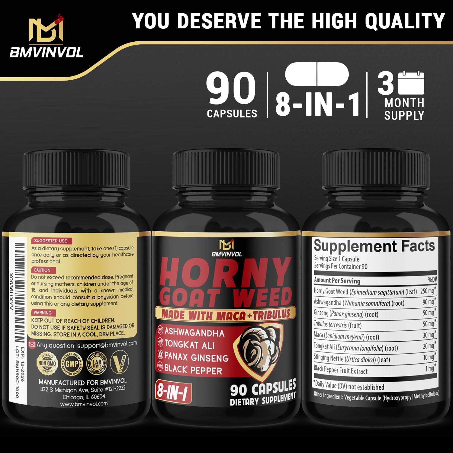 Horny Goat Weed Capsules with Maca, Ginseng, Tribulus Terrestris, Ashwagandha, Black Pepper - 90 Count, 3 Month Supply