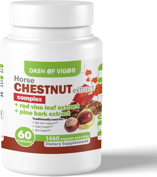 Horse Chestnut Complex with Red Vine Leaf & Pine Bark - Leg Vein Support Supplement with Turmeric, Hawthorn Berry, Ginger, Cayenne Pepper, Chamomile - 60 Capsules, 1460mg