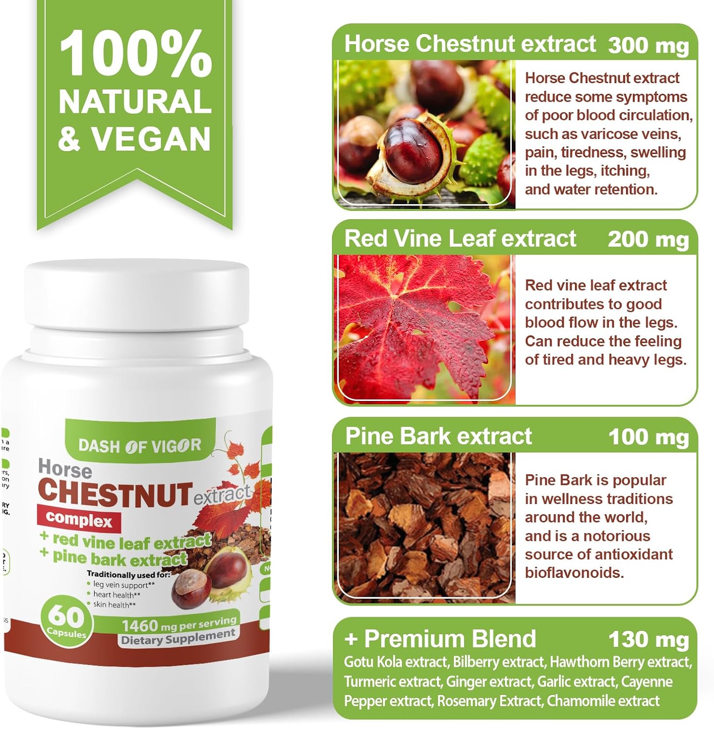 Horse Chestnut Complex with Red Vine Leaf & Pine Bark - Leg Vein Support Supplement with Turmeric, Hawthorn Berry, Ginger, Cayenne Pepper, Chamomile - 60 Capsules, 1460mg