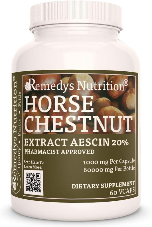 Horse Chestnut Extract Aescin 20% 1,000mg - 60 Vegan Capsules - Herbal Dietary Supplement - Non-GMO & Gluten Free - Two Month Supply