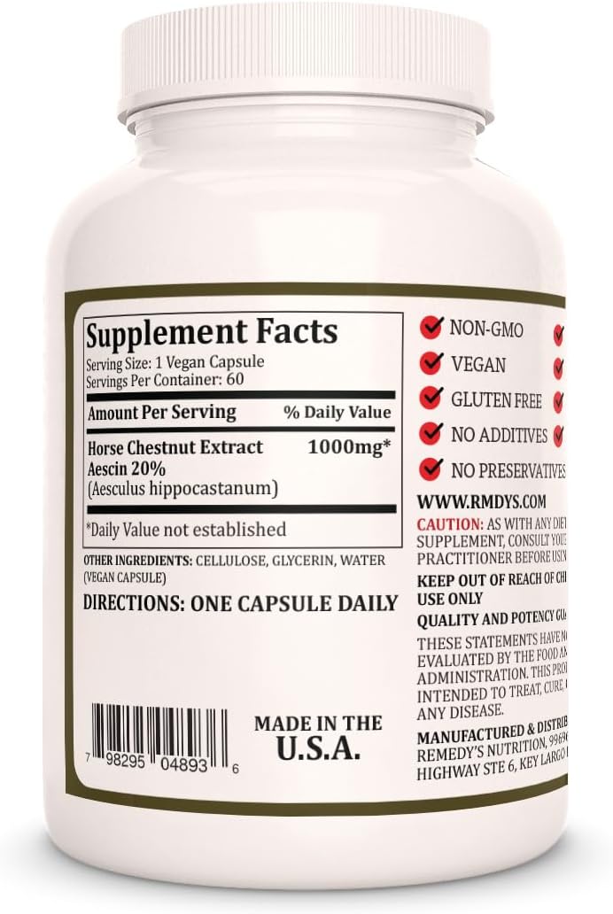 Horse Chestnut Extract Aescin 20% 1,000mg - 60 Vegan Capsules - Herbal Dietary Supplement - Non-GMO & Gluten Free - Two Month Supply