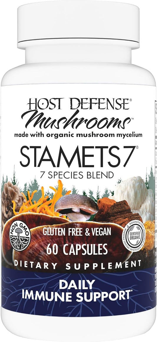 Host Defense Stamets 7 Mushroom Supplement - 7 Species Immune Support Blend - Includes Royal Sun Blazei, Cordyceps, Reishi, Maitake, Lion's Mane, Chaga & Mesima - 60 Capsules