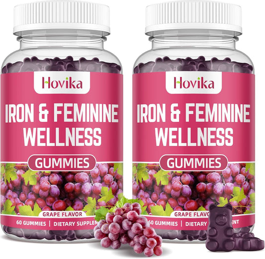 Hovika Iron Gummies for Women - 40mg Iron Supplement with Multivitamin, Zinc, Selenium, Iodine - Natural Support for Iron Deficiency and PMS - Grape Flavour - 2 Pack