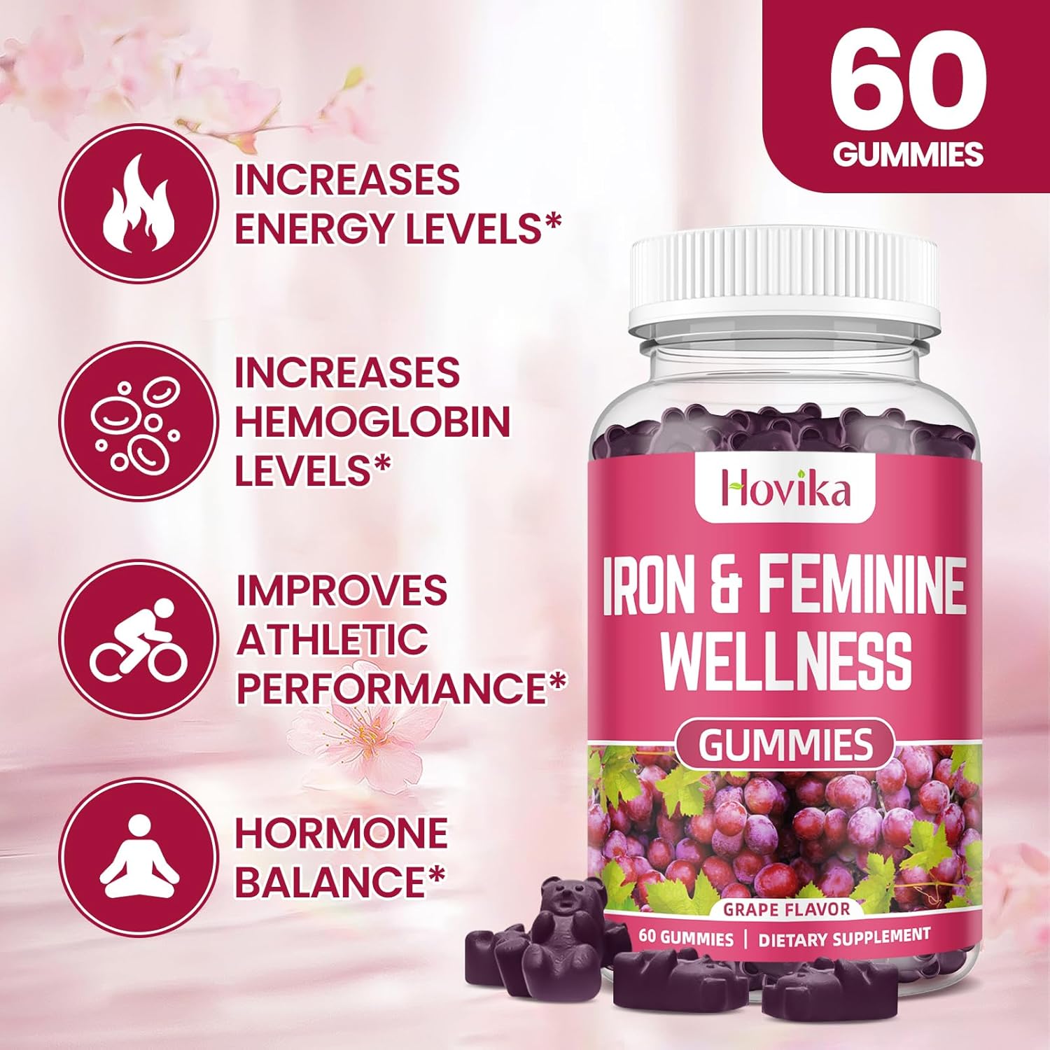 Hovika Iron Gummies for Women - 40mg Iron Supplement with Multivitamin, Zinc, Selenium, Iodine - Natural Support for Iron Deficiency and PMS - Grape Flavour - 2 Pack