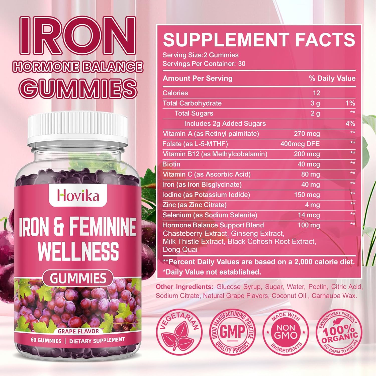 Hovika Iron Gummies for Women - 40mg Iron Supplement with Multivitamin, Zinc, Selenium, Iodine - Natural Support for Iron Deficiency and PMS - Grape Flavour - 2 Pack