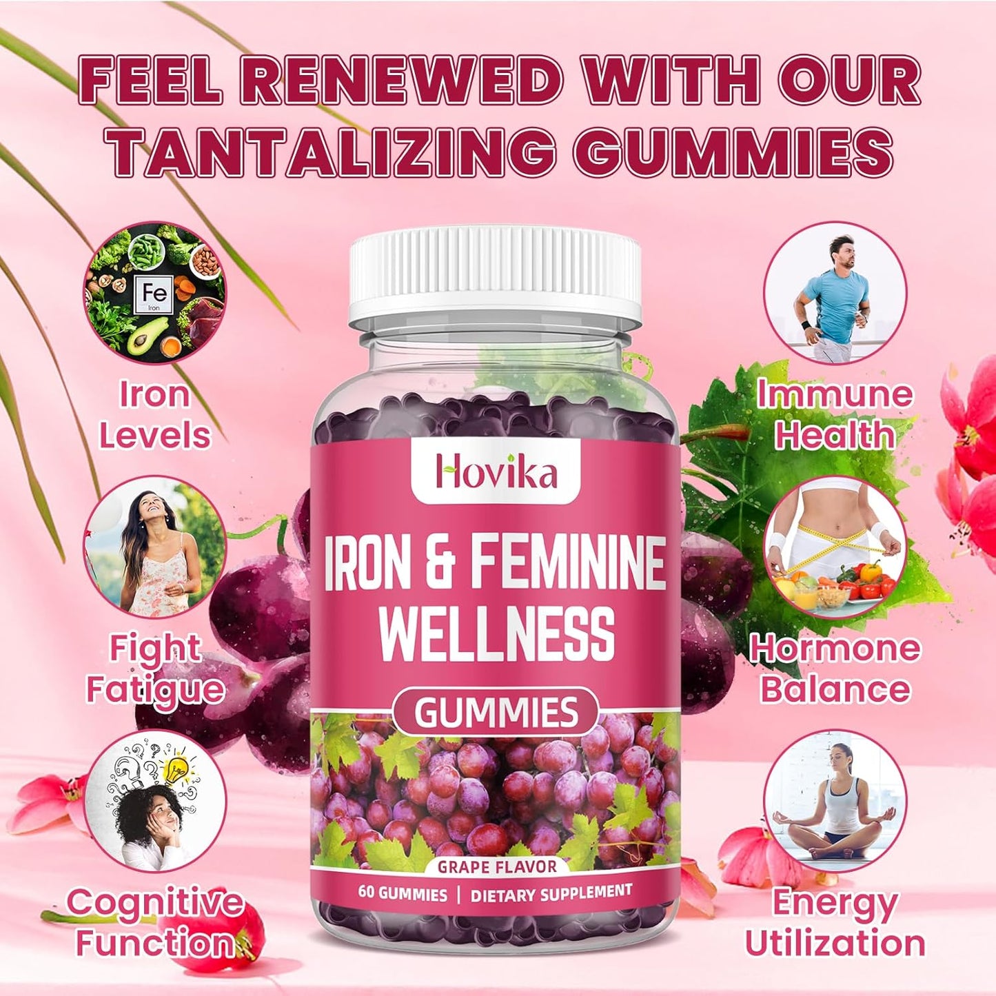 Hovika Iron Gummies for Women - 40mg Iron Supplement with Multivitamin, Zinc, Selenium, Iodine - Natural Support for Iron Deficiency and PMS - Grape Flavour - 2 Pack