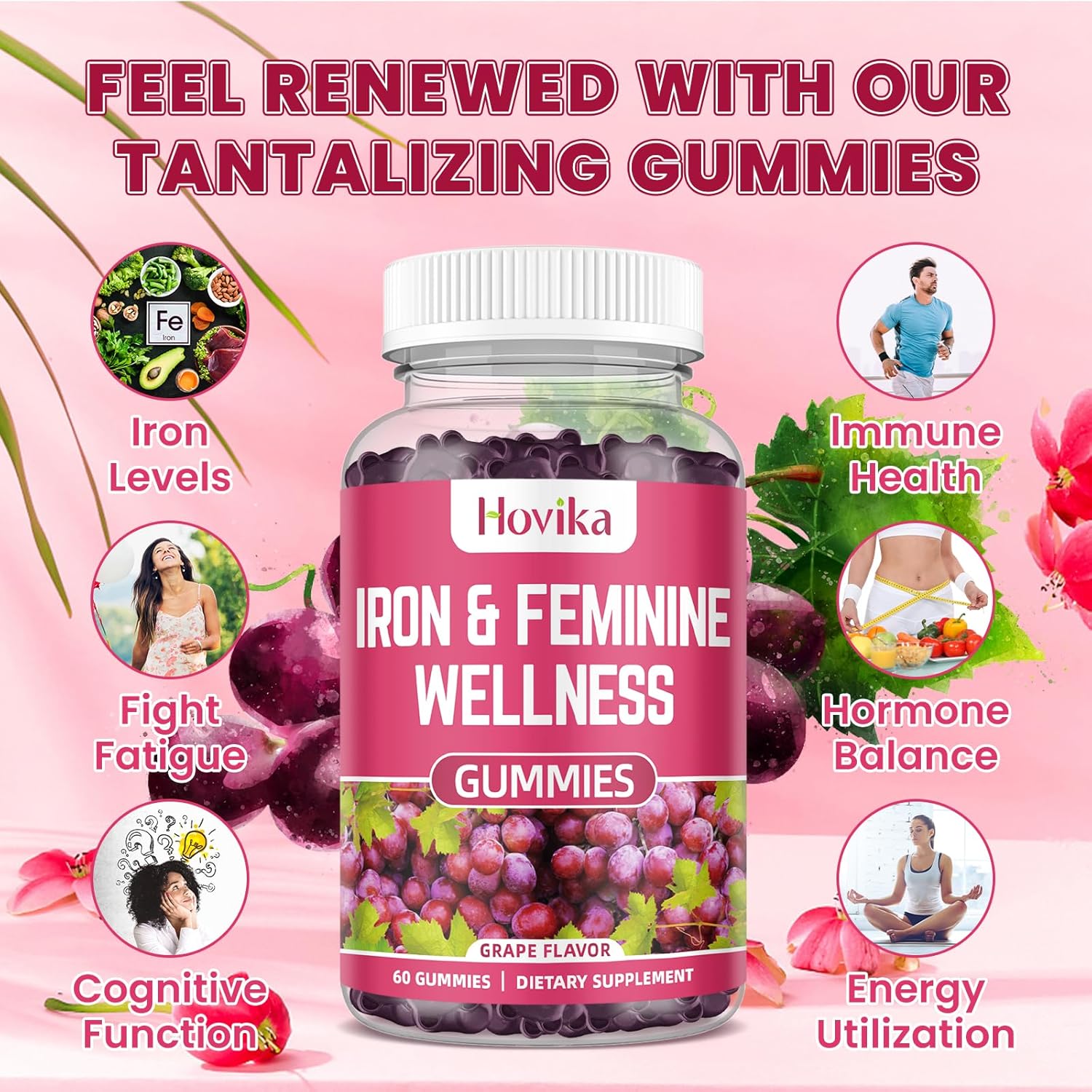Hovika Iron Gummies for Women - 40mg Iron Supplement with Multivitamin, Zinc, Selenium, Iodine - Natural Support for Iron Deficiency and PMS - Grape Flavour - 2 Pack