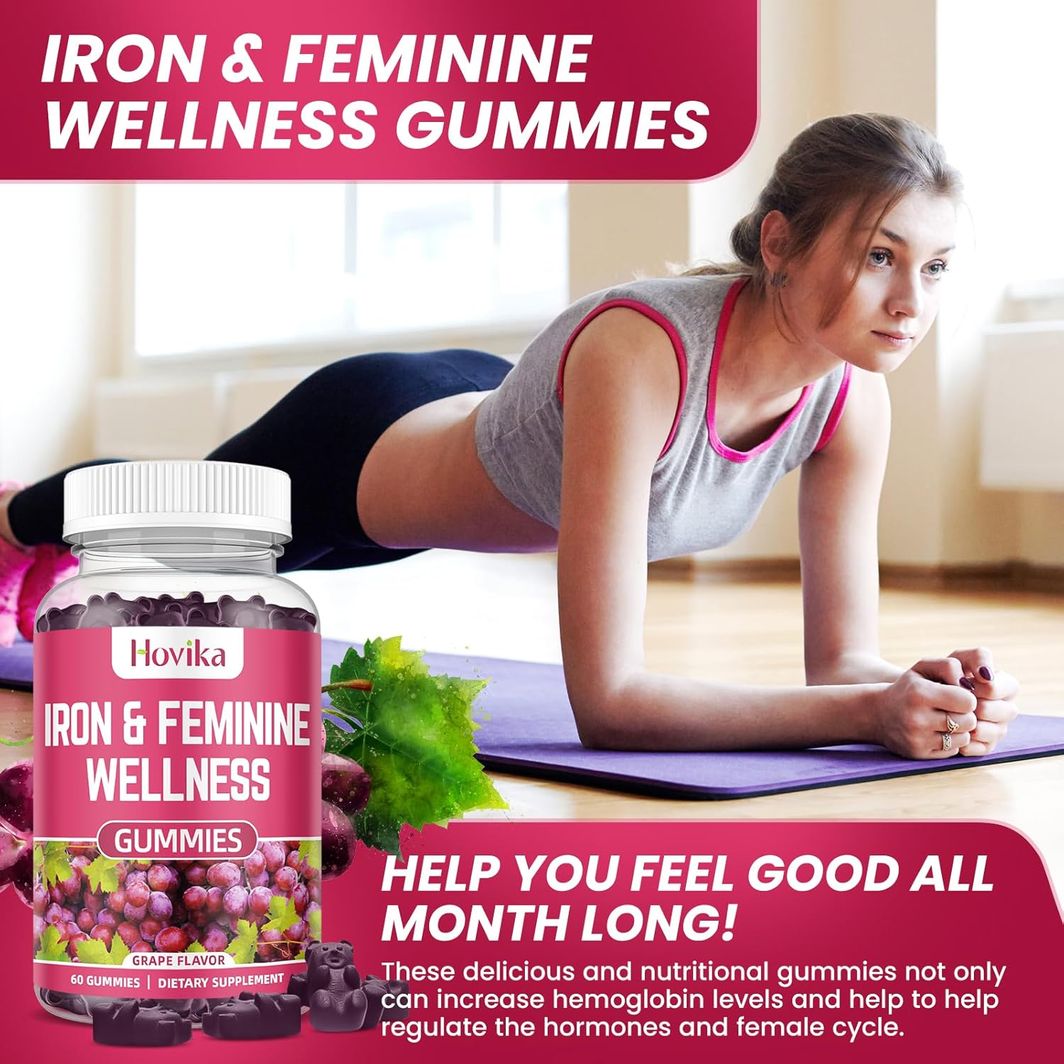 Hovika Iron Gummies for Women - 40mg Iron Supplement with Multivitamin, Zinc, Selenium, Iodine - Natural Support for Iron Deficiency and PMS - Grape Flavour - 2 Pack