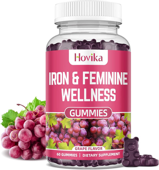 Hovika Women's Iron Gummies with Multivitamin for Anemia & Hormone Balance - Vegan 60 Count - Natural PMS Support