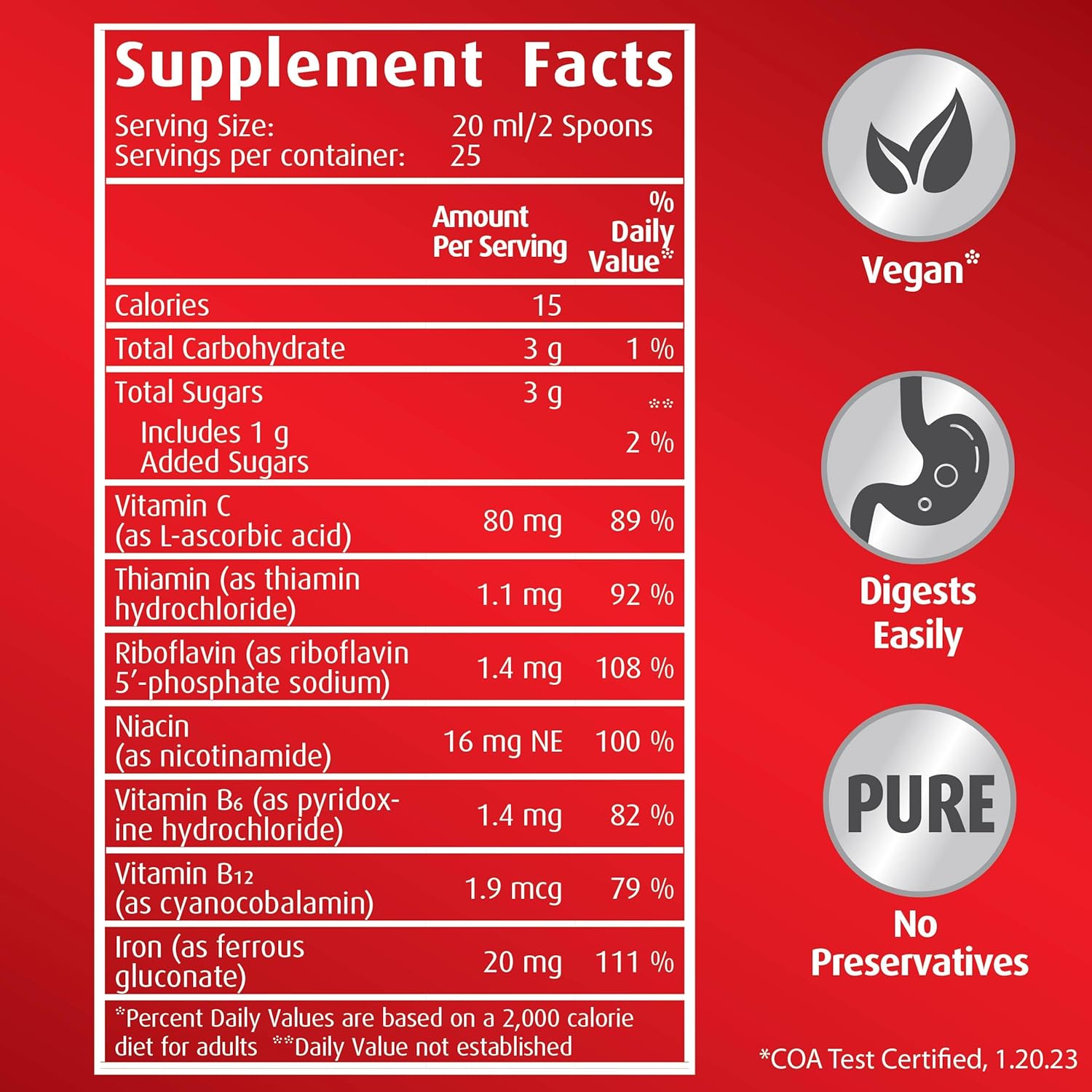 Hubner Hübner Iron Vital Liquid: Iron & Vitamin C Supplement, Vegan & Gluten-Free, Fruit Flavor - 500ml Bottle, 50 Servings