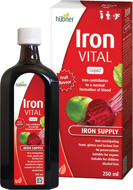Hubner Iron Vital Liquid Supplement with Vitamin C - Vegan & Gluten-Free, Fruit Flavor, 250ml Bottle - 25 Servings for Adults & Kids