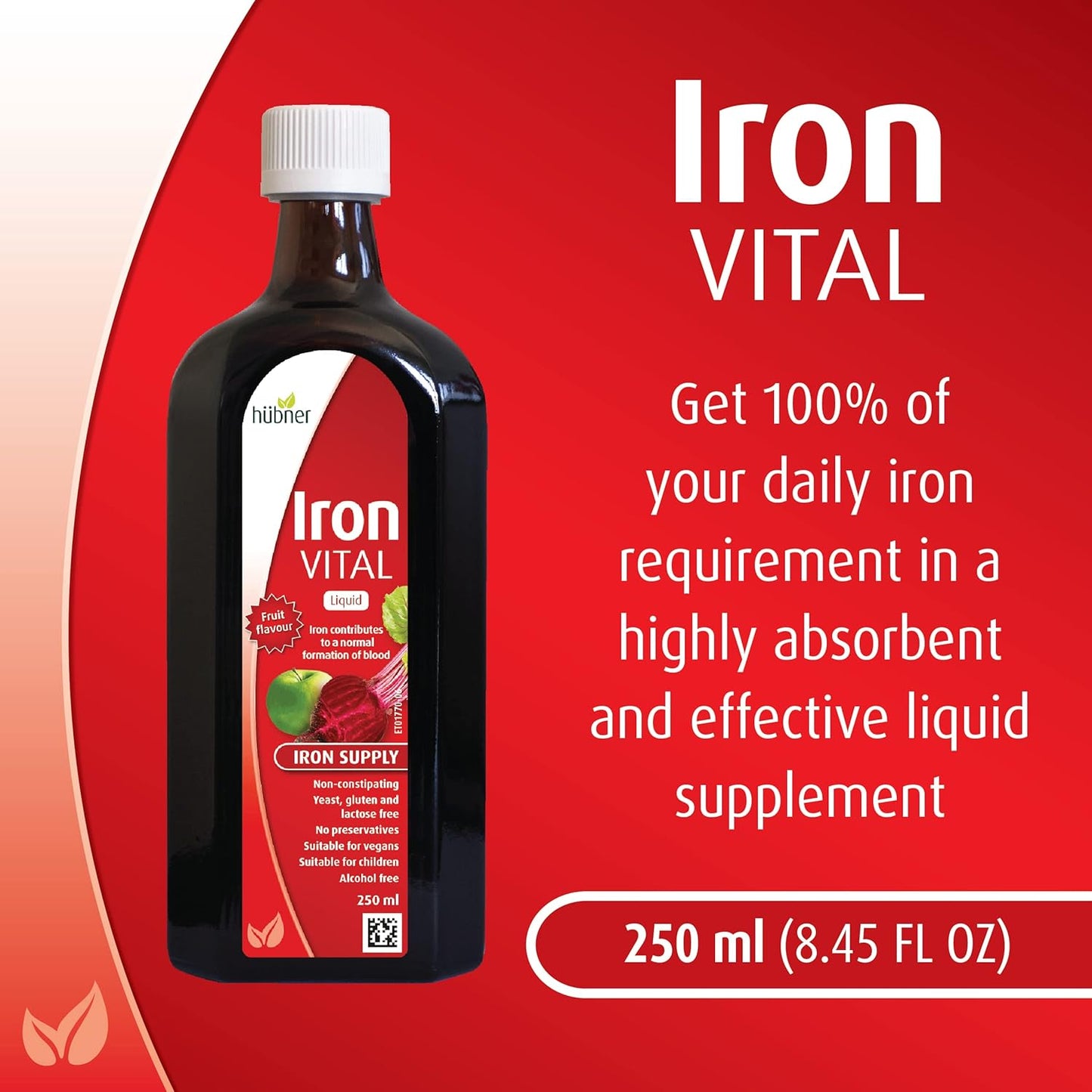 Hubner Iron Vital Liquid Supplement with Vitamin C - Vegan & Gluten-Free, Fruit Flavor, 250ml Bottle - 25 Servings for Adults & Kids
