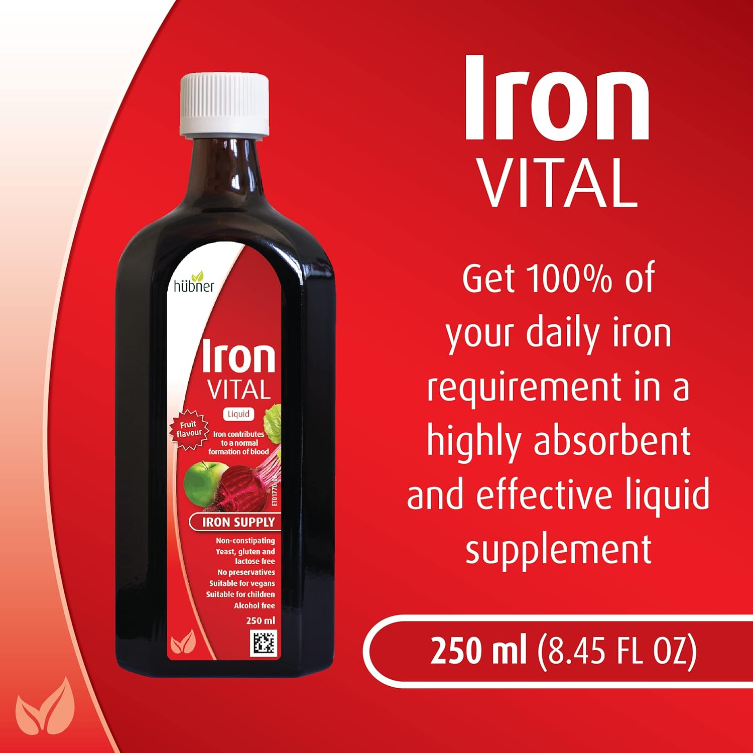 Hubner Iron Vital Liquid Supplement with Vitamin C - Vegan & Gluten-Free, Fruit Flavor, 250ml Bottle - 25 Servings for Adults & Kids