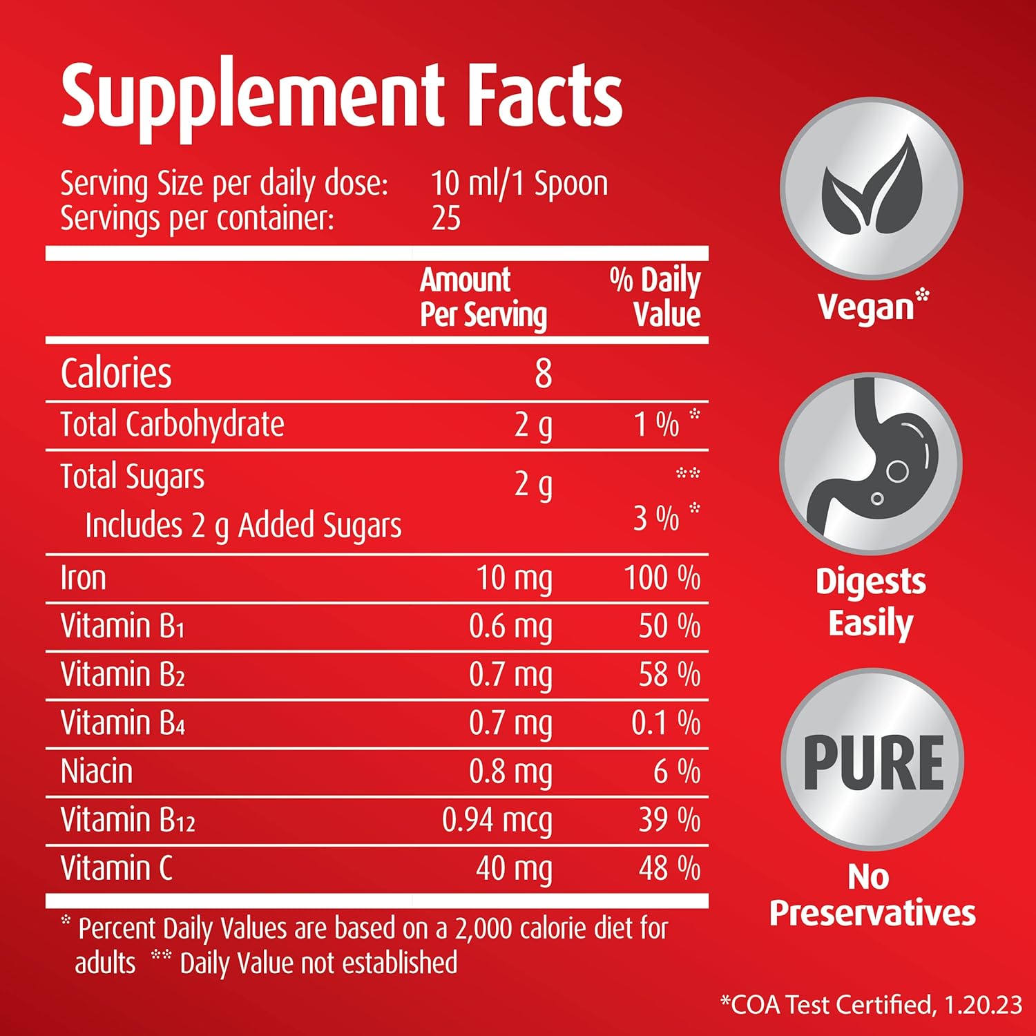 Hubner Iron Vital Liquid Supplement with Vitamin C - Vegan & Gluten-Free, Fruit Flavor, 250ml Bottle - 25 Servings for Adults & Kids