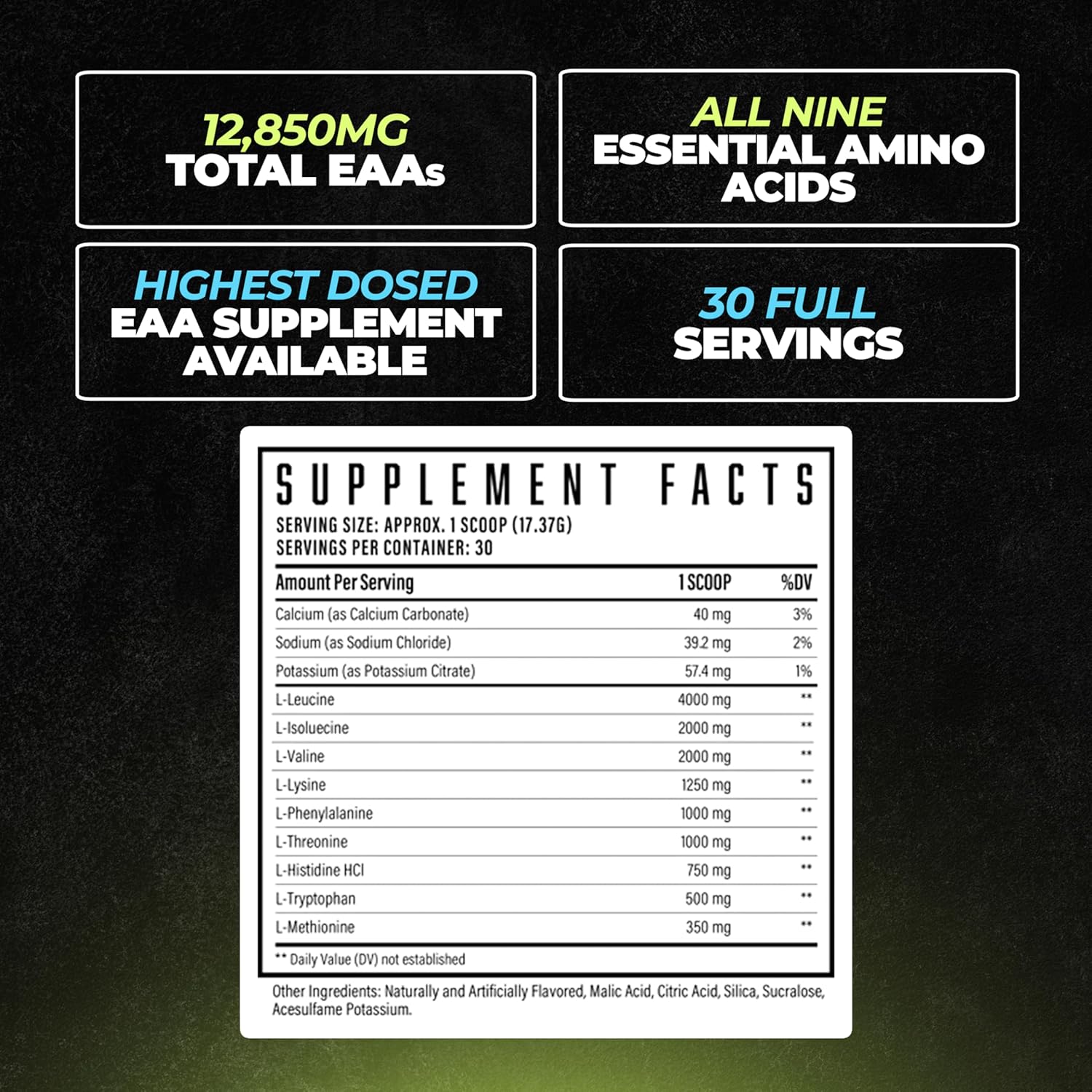 Huge EAA Supplement with 12.85g EAAs & 8g BCAAs, Kiwi Blueberry Flavor, Muscle Growth & Recovery, 17.73 Oz.