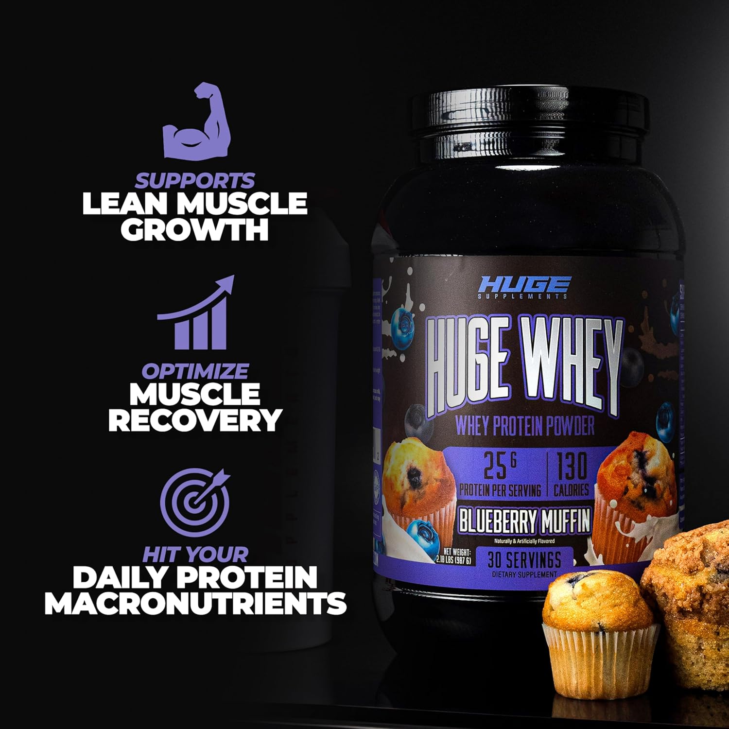 Huge Supplements Huge Whey Blueberry Muffin Protein Powder - 30 Servings, 25g Protein, 12g EAAs, Muscle Growth & Recovery Support