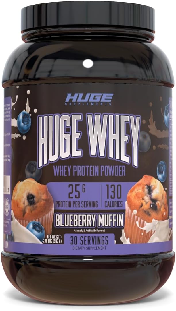 Huge Supplements Huge Whey Protein Powder, Blueberry Muffin Flavor, 30 Servings, 25g Protein, 12g EAAs, Muscle Growth & Recovery Support