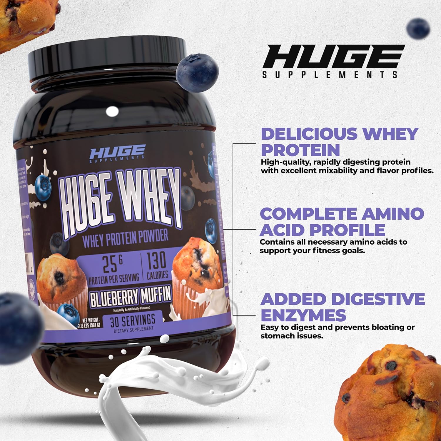Huge Supplements Huge Whey Protein Powder, Blueberry Muffin Flavor, 30 Servings, 25g Protein, 12g EAAs, Muscle Growth & Recovery Support