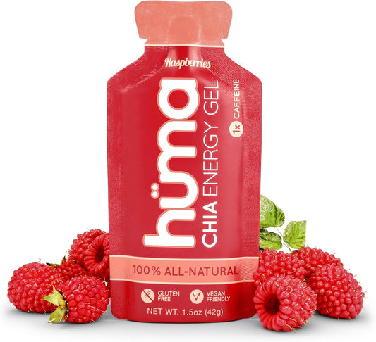 Huma Chia Energy Gel - Raspberries Flavor with 1x Caffeine - 24 Gels for Endurance Exercise - Sports Nutrition