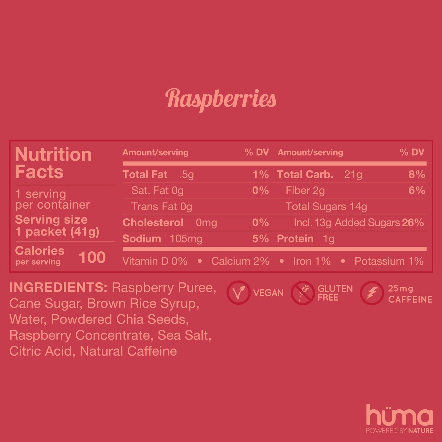 Huma Chia Energy Gel - Raspberries Flavor with 1x Caffeine - 24 Gels for Endurance Exercise - Sports Nutrition