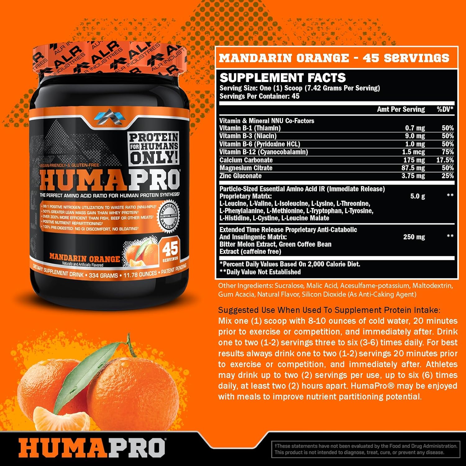Humapro Amino Acids Protein Matrix - 99% Utilization for Lean Muscle - Vegan & Gluten Free - Mandarin Orange Flavor - 334g/45 Servings