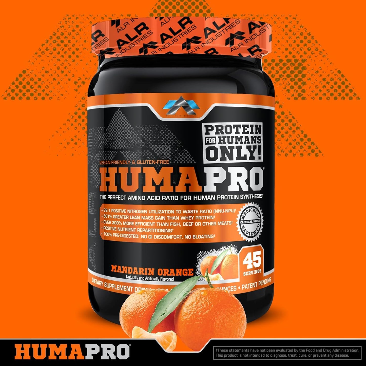 Humapro Amino Acids Protein Matrix - 99% Utilization for Lean Muscle - Vegan & Gluten Free - Mandarin Orange Flavor - 334g/45 Servings