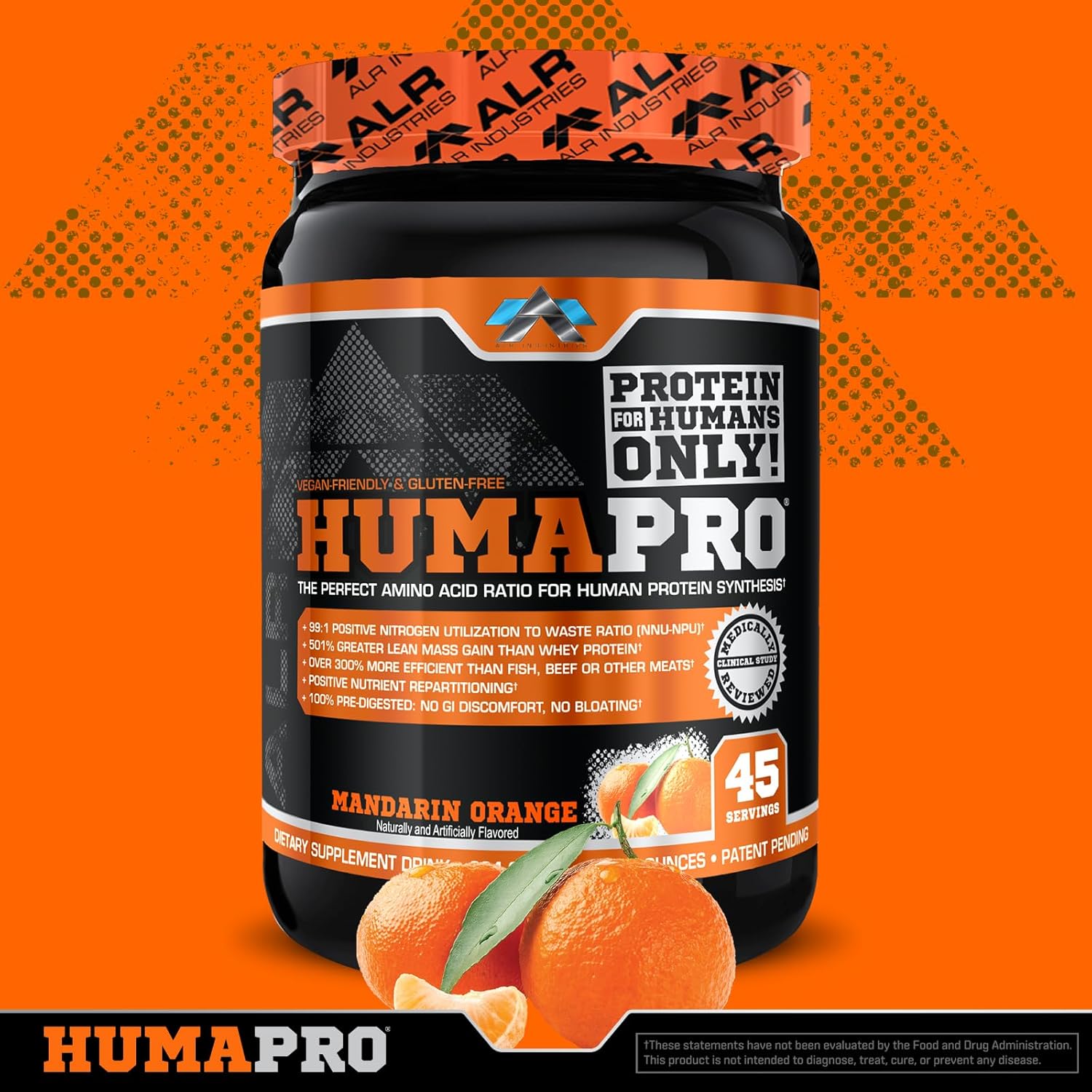 Humapro Amino Acids Protein Matrix - 99% Utilization for Lean Muscle - Vegan & Gluten Free - Mandarin Orange Flavor - 334g/45 Servings