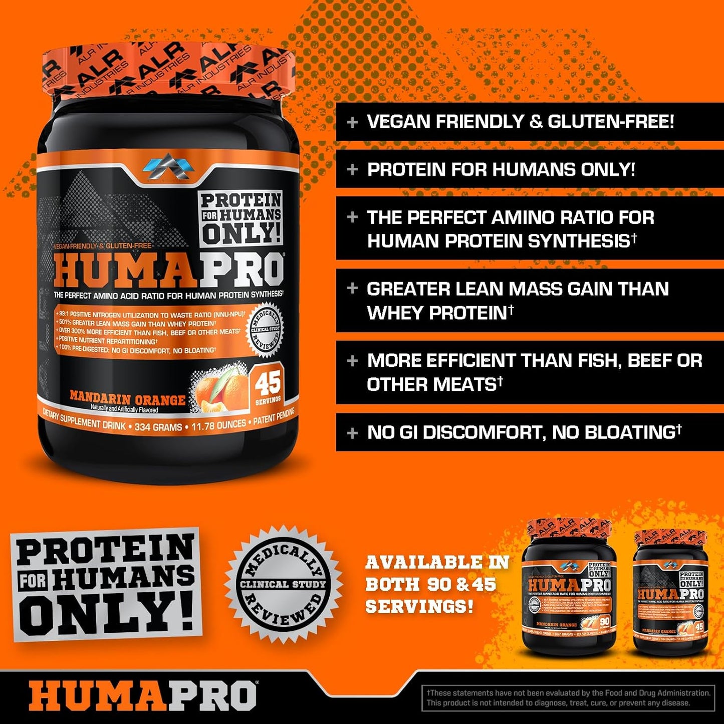 Humapro Amino Acids Protein Matrix - 99% Utilization for Lean Muscle - Vegan & Gluten Free - Mandarin Orange Flavor - 334g/45 Servings