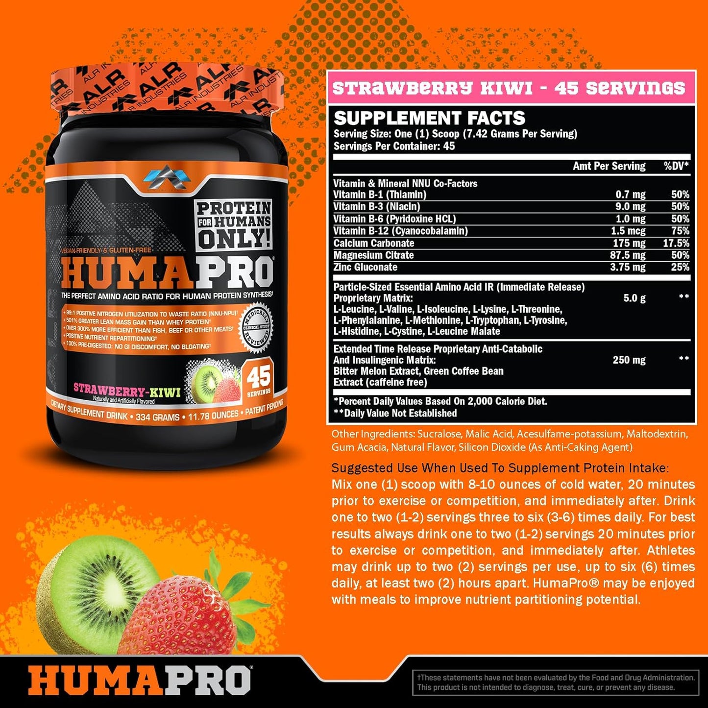 Humapro Amino Acids Protein Matrix 99% Utilization Lean Muscle Vegan Gluten Free Strawberry Kiwi 334g