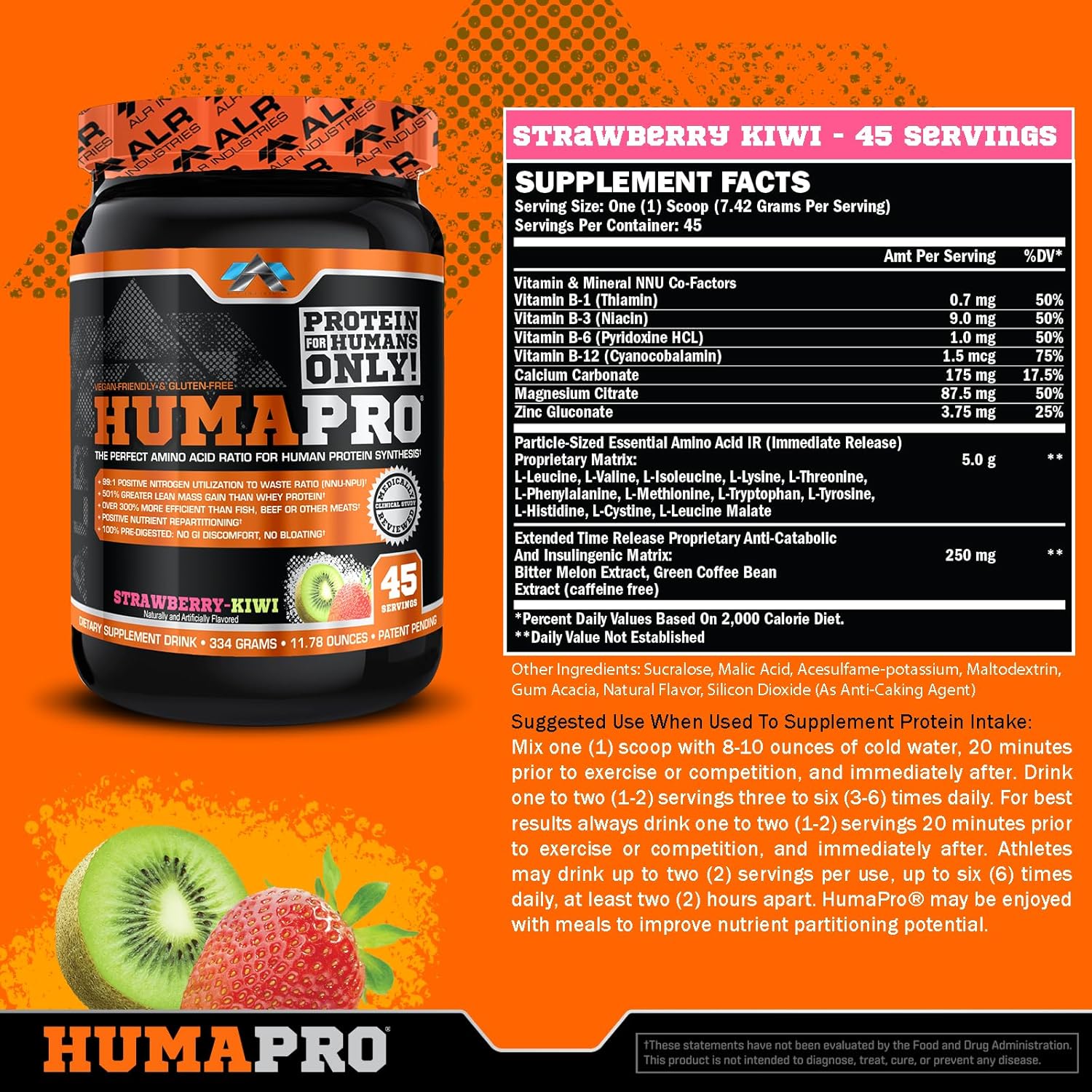 Humapro Amino Acids Protein Matrix 99% Utilization Lean Muscle Vegan Gluten Free Strawberry Kiwi 334g