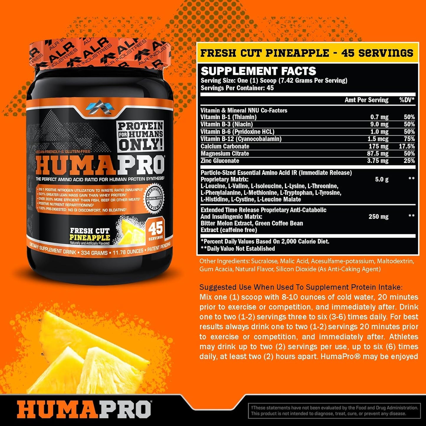 Humapro Amino Acids Protein Powder 334g - Vegan, Gluten Free - Lean Muscle Support - Pineapple Flavor - 45 Servings