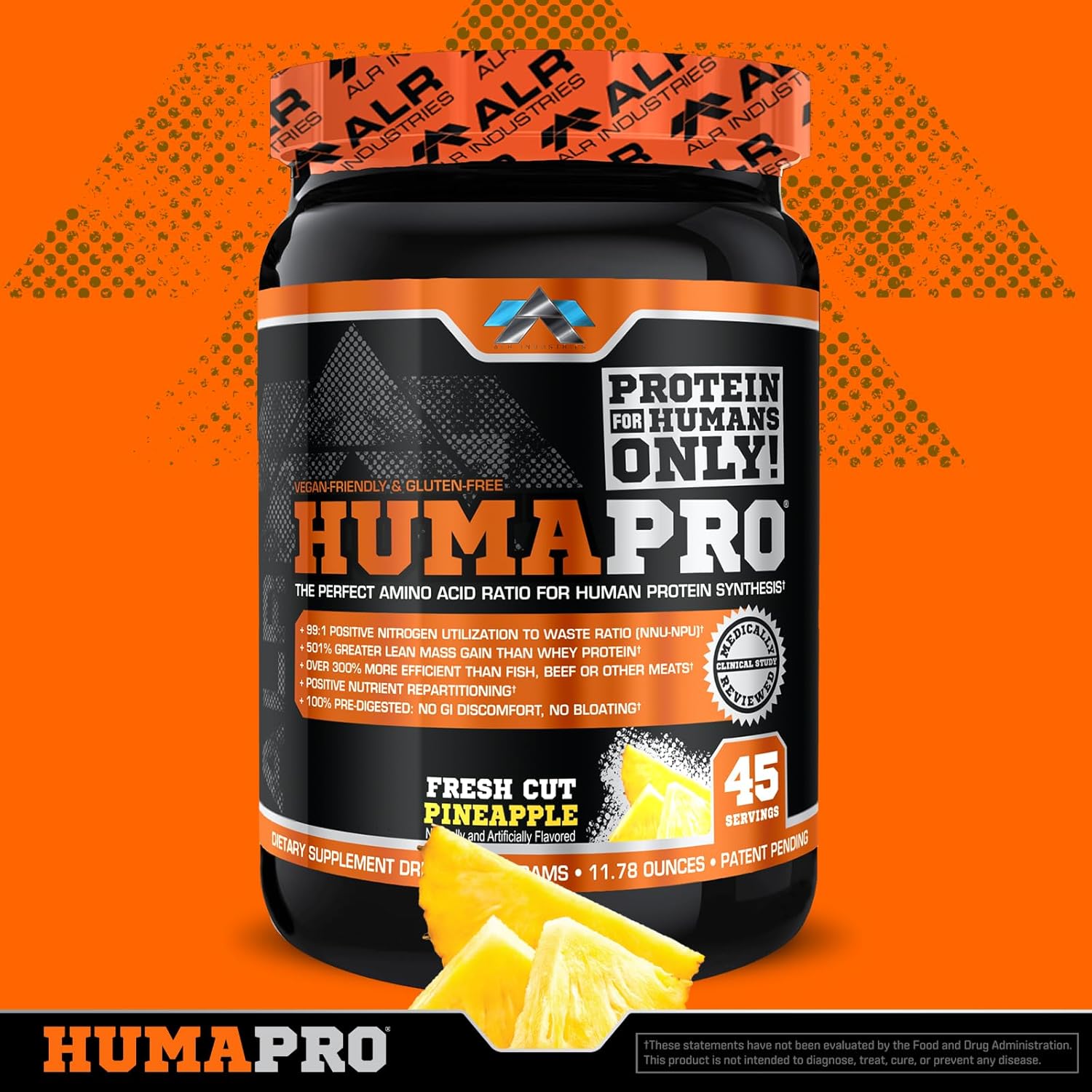 Humapro Amino Acids Protein Powder 334g - Vegan, Gluten Free - Lean Muscle Support - Pineapple Flavor - 45 Servings