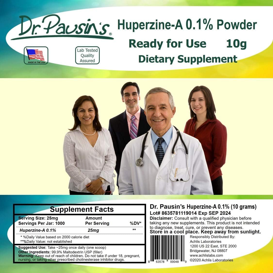Huperzine-A 0.1% Powder Supplement | Huperzia Serrata Extract | Nootropic Agent | Non-GMO, Gluten Free | USA Made - Third Party Tested | 10g