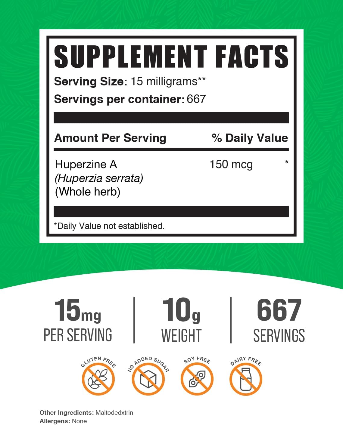 Huperzine A Powder - Pure Huperzia Serrata Extract, Nootropic Supplement for Memory & Focus - Gluten Free, 15mg per Serving, 10g (0.35 oz)