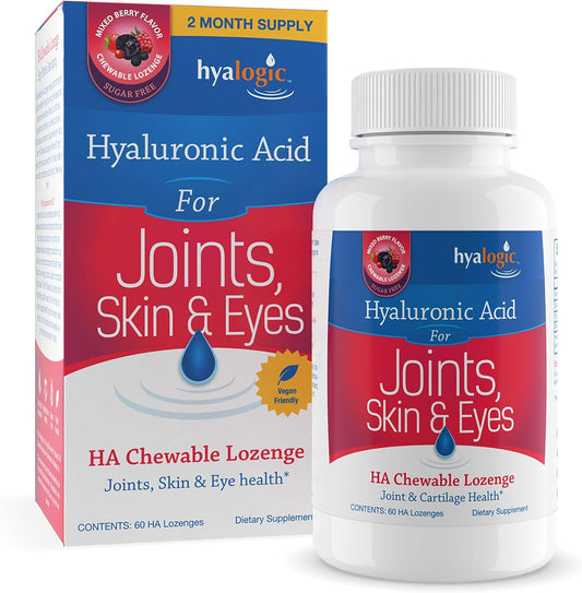 Hyalogic Hyaluronic Acid Chewables 60 Count - Berry Flavored (120mg per 2 tablets) - Natural Anti-Aging Supplement for Joints, Skin, and Eyes - Sugar-Free Support