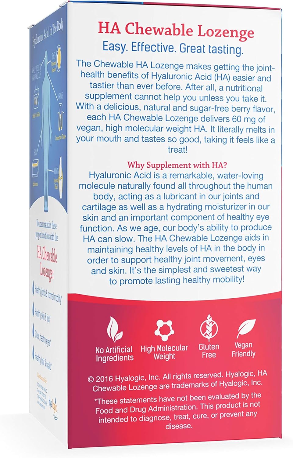 Hyalogic Hyaluronic Acid Chewables 60 Count - Berry Flavored (120mg per 2 tablets) - Natural Anti-Aging Supplement for Joints, Skin, and Eyes - Sugar-Free Support