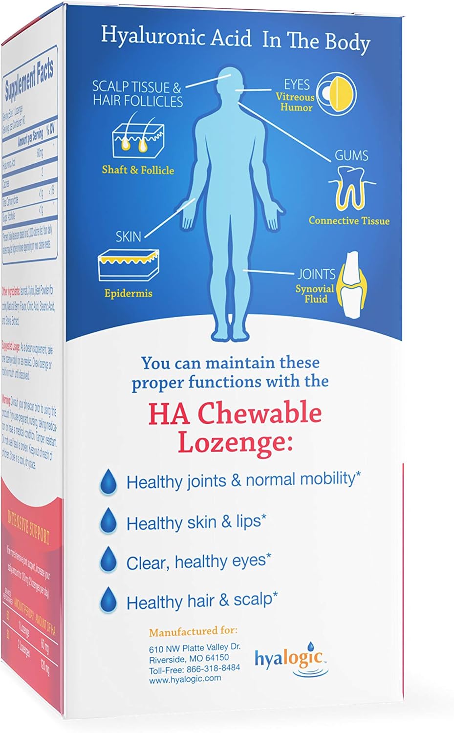Hyalogic Hyaluronic Acid Chewables 60 Count - Berry Flavored (120mg per 2 tablets) - Natural Anti-Aging Supplement for Joints, Skin, and Eyes - Sugar-Free Support