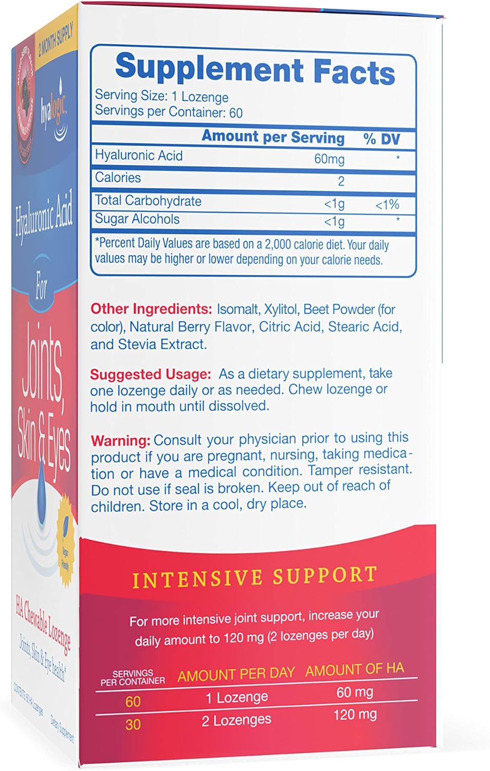 Hyalogic Hyaluronic Acid Chewables 60 Count - Berry Flavored (120mg per 2 tablets) - Natural Anti-Aging Supplement for Joints, Skin, and Eyes - Sugar-Free Support