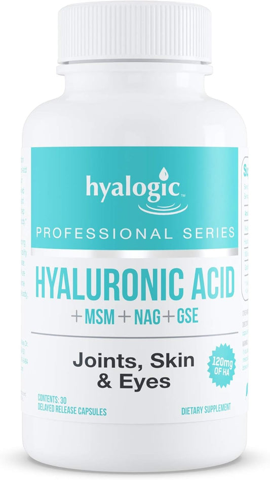 Hyalogic Hyaluronic Acid Combo Capsules with Glucosamine MSM | Supports Healthy Joints, Eyes, Skin | Promotes Skin Health | 120mg | Non-GMO (30 Count)