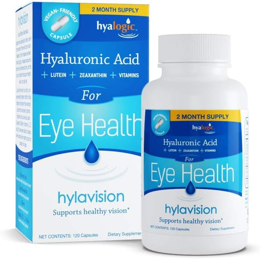 Hyalogic HylaVision Eye Health Supplement with Hyaluronic Acid, Lutein, Zeaxanthin, Vitamins A, C, E, Zinc - 120 Capsules to Soothe Tired Eyes