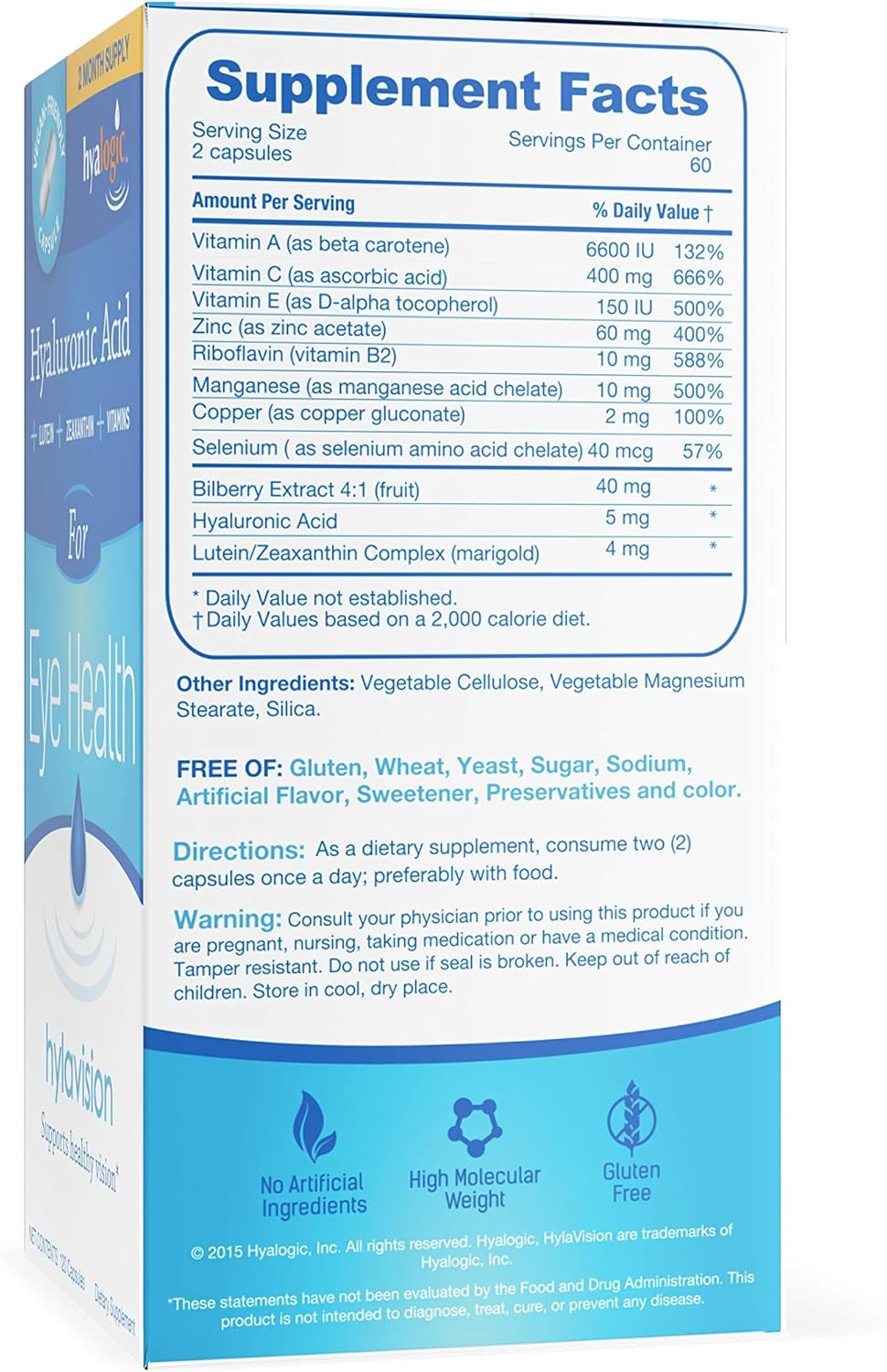 Hyalogic HylaVision Eye Health Supplements: Hyaluronic Acid, Lutein, Zeaxanthin (120 Capsules) Vegan Formula for Vision Support