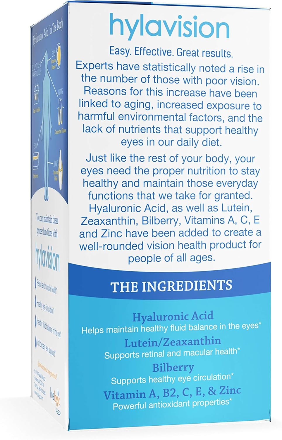 Hyalogic HylaVision Eye Health Supplements: Hyaluronic Acid, Lutein, Zeaxanthin (120 Capsules) Vegan Formula for Vision Support
