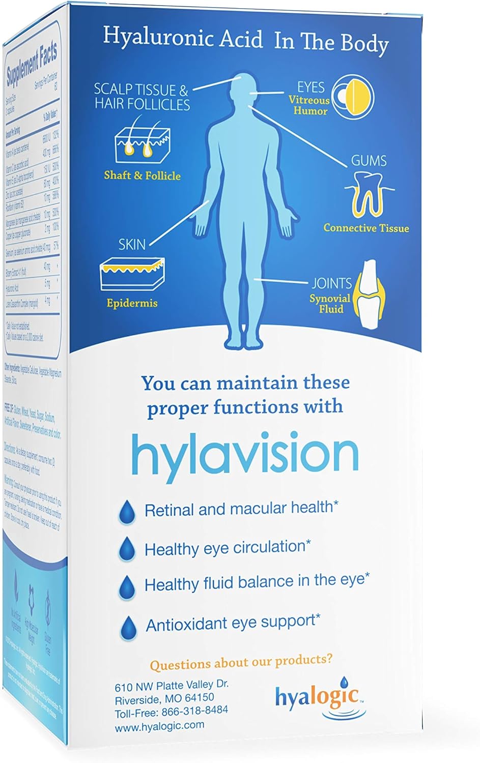 Hyalogic HylaVision Eye Health Supplements: Hyaluronic Acid, Lutein, Zeaxanthin (120 Capsules) Vegan Formula for Vision Support
