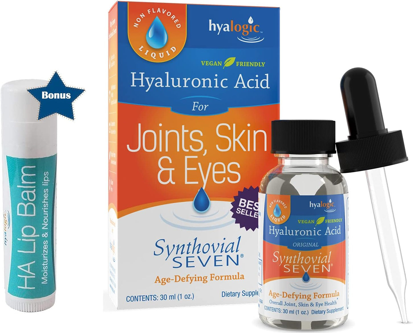 Hyalogic Synthovial Seven Oral Hyaluronic Acid Supplement 1oz with Bonus Lip Balm Stick - Hydration for Skin, Body, and Lips